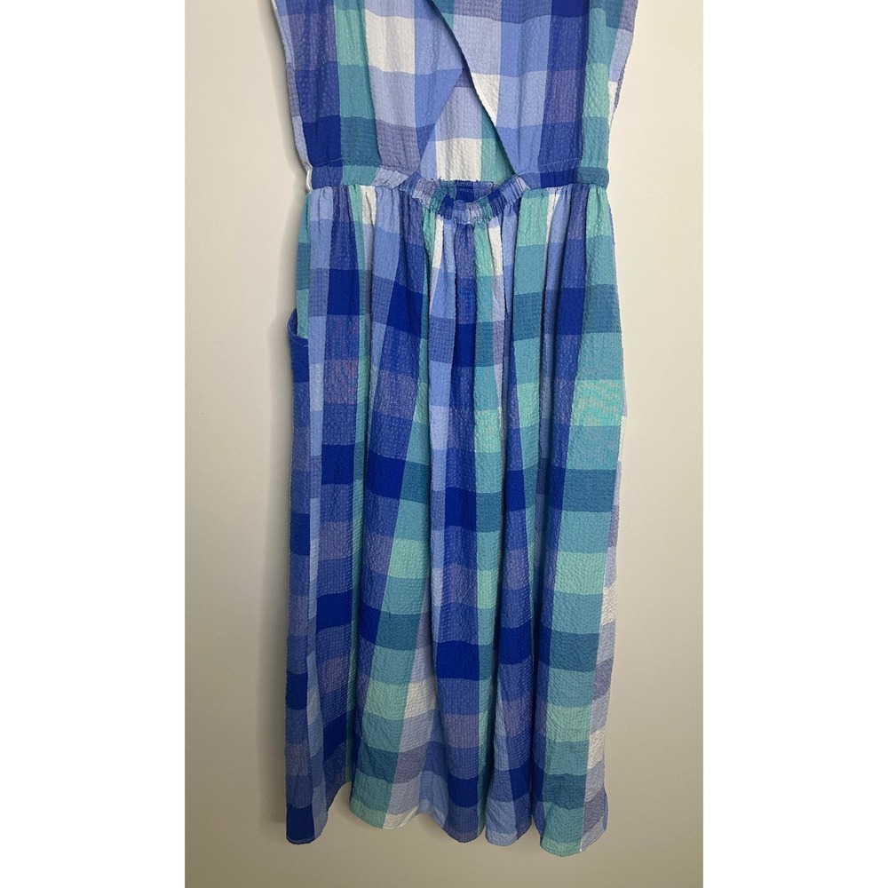 NWT LOFT Seersucker Blue Plaid Cutout Back Dress Midi Pocket Small Brunch Picnic - Picture 15 of 16